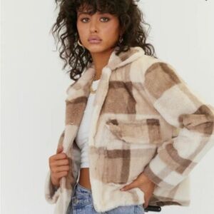 Princess Polly Checkered Teddy Jacket - Brown and Cream